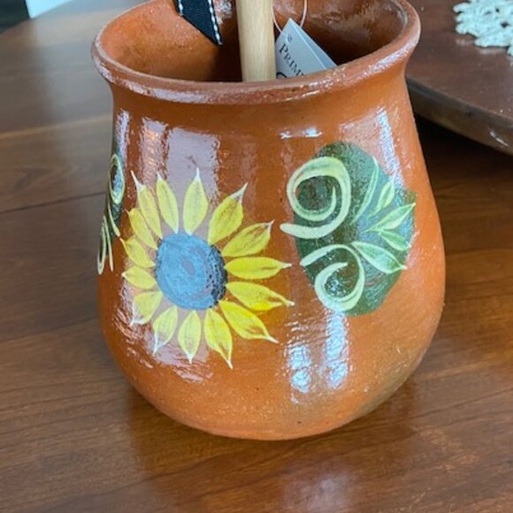 Brown HANDCRAFTED Earthenware JUG w PAINTED SUNFLOWER + SUNFLOWER RUBBER SCRAPER - Picture 4 of 10
